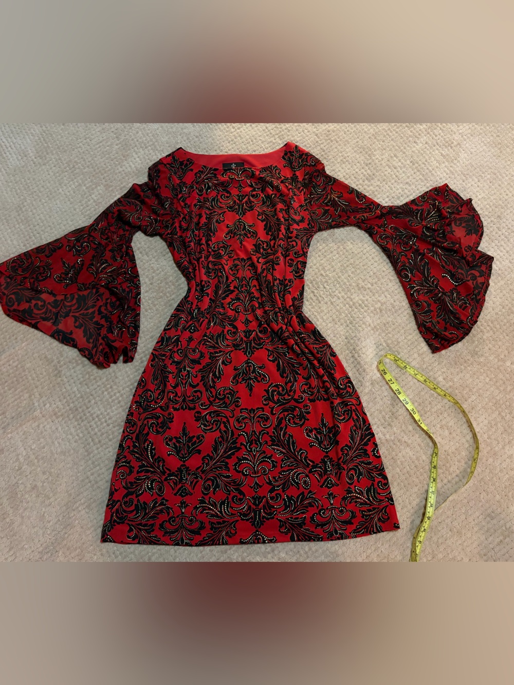 Ronni Nicole Red and Black Baroque Mini Dress with Flared Bell Sleeves
